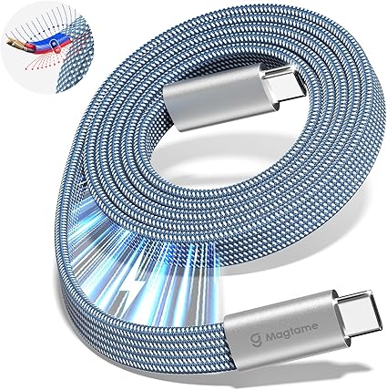 Magtame タイプcケーブル フラット平形 磁石自動収納 240W/5A急速充電 type-cケーブル QC4.0/PD3.1対応 usbc-usbcケーブル 金属製コネクタ 二重ナイロン iPhone15/MacBook/iPad/Samsung/Xperia Galaxy/Xperia等対応（ブルー1.5M）