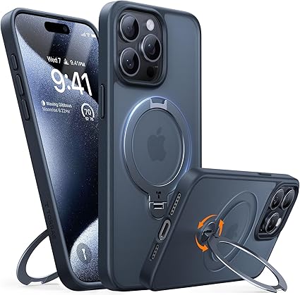 TORRAS iPhone 15 Pro 用 ケース【超剛性｜360° ゼンマイ式スタンド × 10 万回開閉耐久】 米軍規格 縦横両対応 リング付き マグネット搭載 ワイヤレス充電対応 耐衝撃 防指紋 半透明 Ostand Spin ブラック