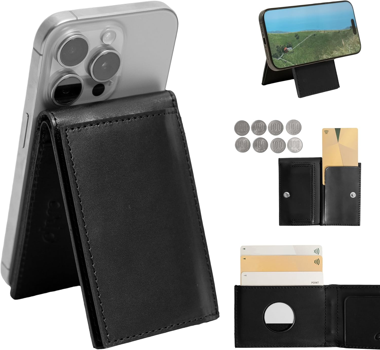 スマホスタンドになるマグネット財布「PRESSo Mag」MagSafe対応 マグネット カード収納 ウォレットスタンド スマホグリップ 折り畳み式 持ち歩き便利 (ブラック)