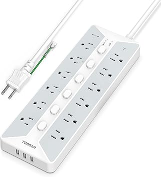 電源タップ スイッチ付き 延長コード 2m usb コンセント TESSAN 12個AC口 3個USBポート テーブルタップ 壁掛け マルチ oa 幅広コンセント 蛸足コンセント タコ足配線 節電 3ピン 省エネ 雷ガード 2ピン 3ピンプラグ対応