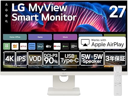 LG スマートモニター 27SR73U-W/LG MyView Smart Monitor / 27インチ 4K / webOS 23 / IPS / 約10.7億色表示(8bit+FRC) / DCI-P3 90% / アンチグレア / 5W+5Wスピーカー / AirPlay2 / Miracast/USB-C(USB PD 65W) / スリムデザイン / 3年安心・無輝点保証