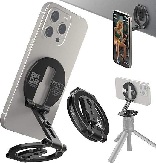 MOSENVKA magsafe対応 スマホスタンド 両面マグネット 超强磁力 マグセーフ 携帯リング スマホホルダ アルミ合金 超薄型折りたたみ式 角度自由 アルミ合金 車載ホルダー マルチスタンド 1/4" ネジ三脚マウント iPhone 16 15 14 13 12 Pro Max Plusに対応 ジム用スマホホルダー (BK2)