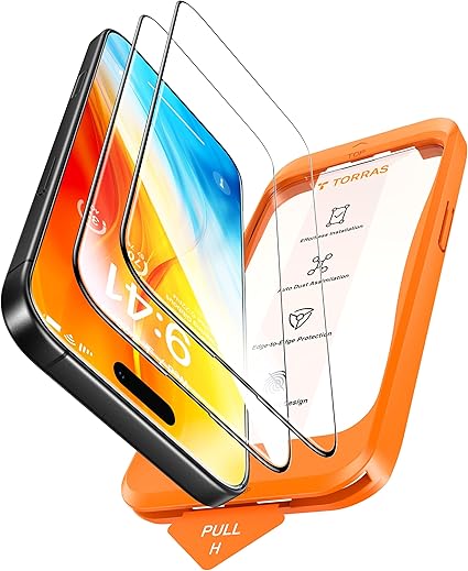 TORRAS iPhone 16 用/iPhone15用 ガラスフィルム 航空宇宙材料 米軍No.1規格 ガイド枠全面保護 10倍強化極細縁 さらさら 貼り付け簡単 指紋防止 9H越え 耐衝撃 2枚 アイフォン16 /15 用 保護フィルム GlassGo Ultra