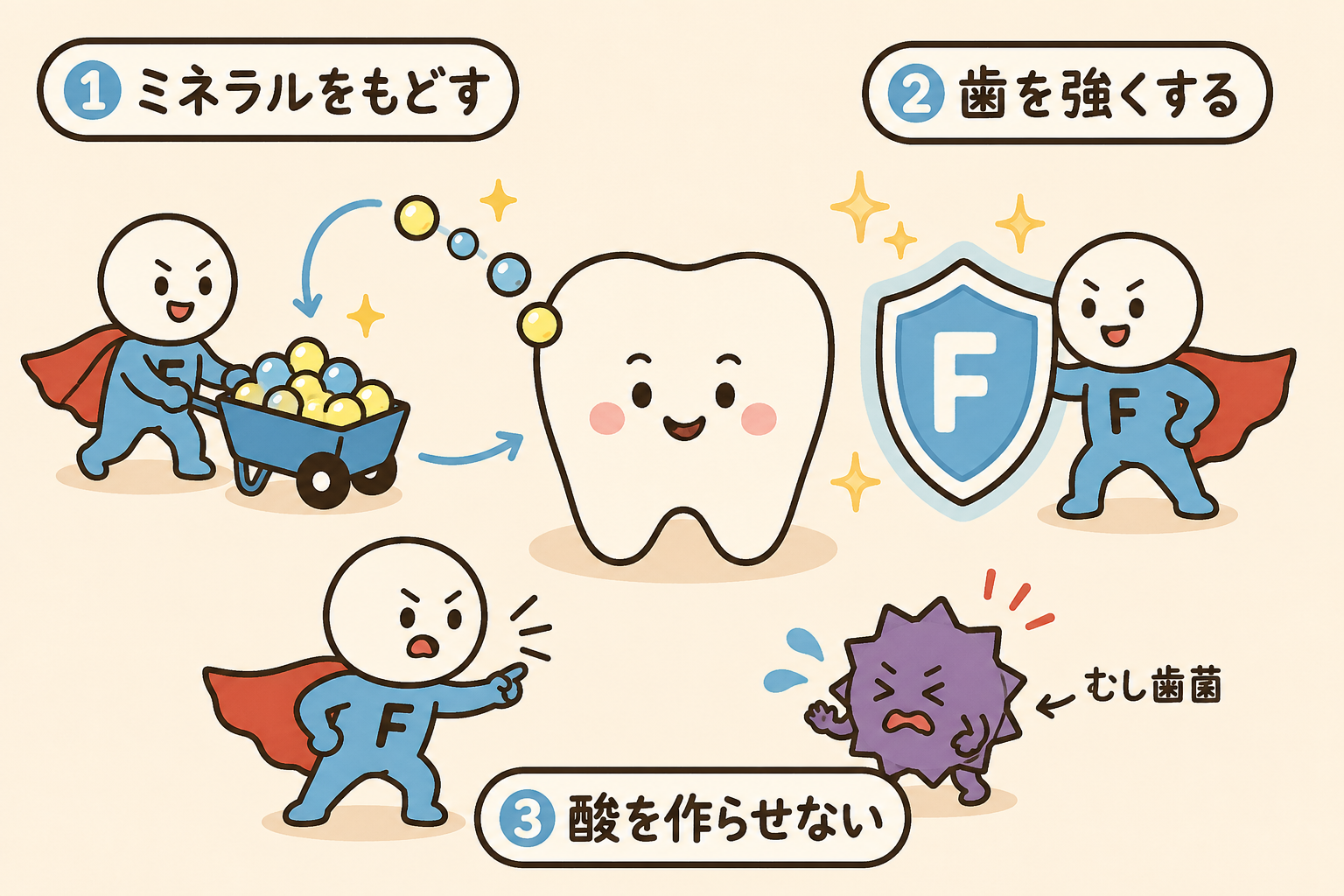 フッ素の3つの働き。ミネラルを戻し、歯を強くし、虫歯菌に酸を作らせない